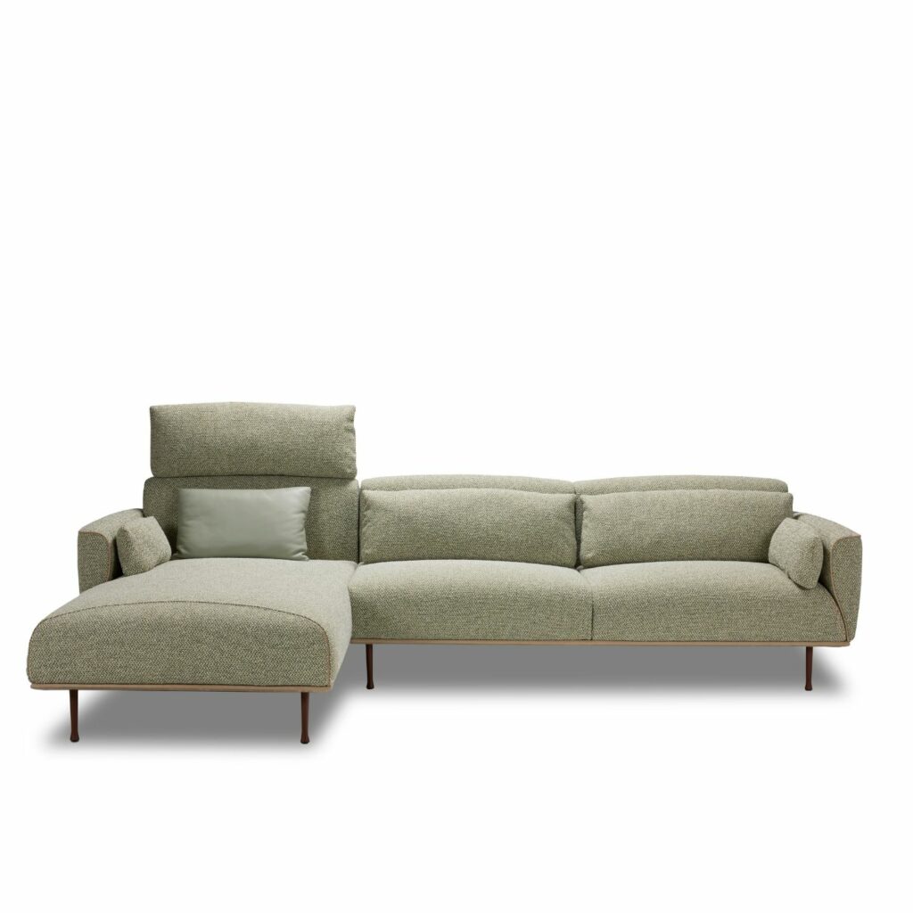 Jori Sofa Eden mit Recamiere Stoff grau meliert mit Kopfstütze