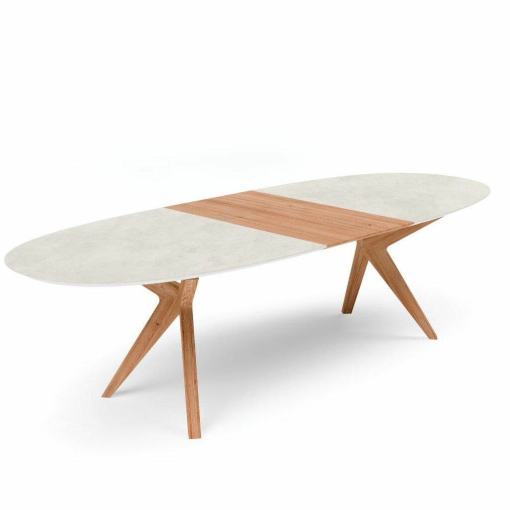 Willisau Tisch Capri mit Tischplatte Keramik oval mit Erweiterung in der Mitte aus hellem Holz